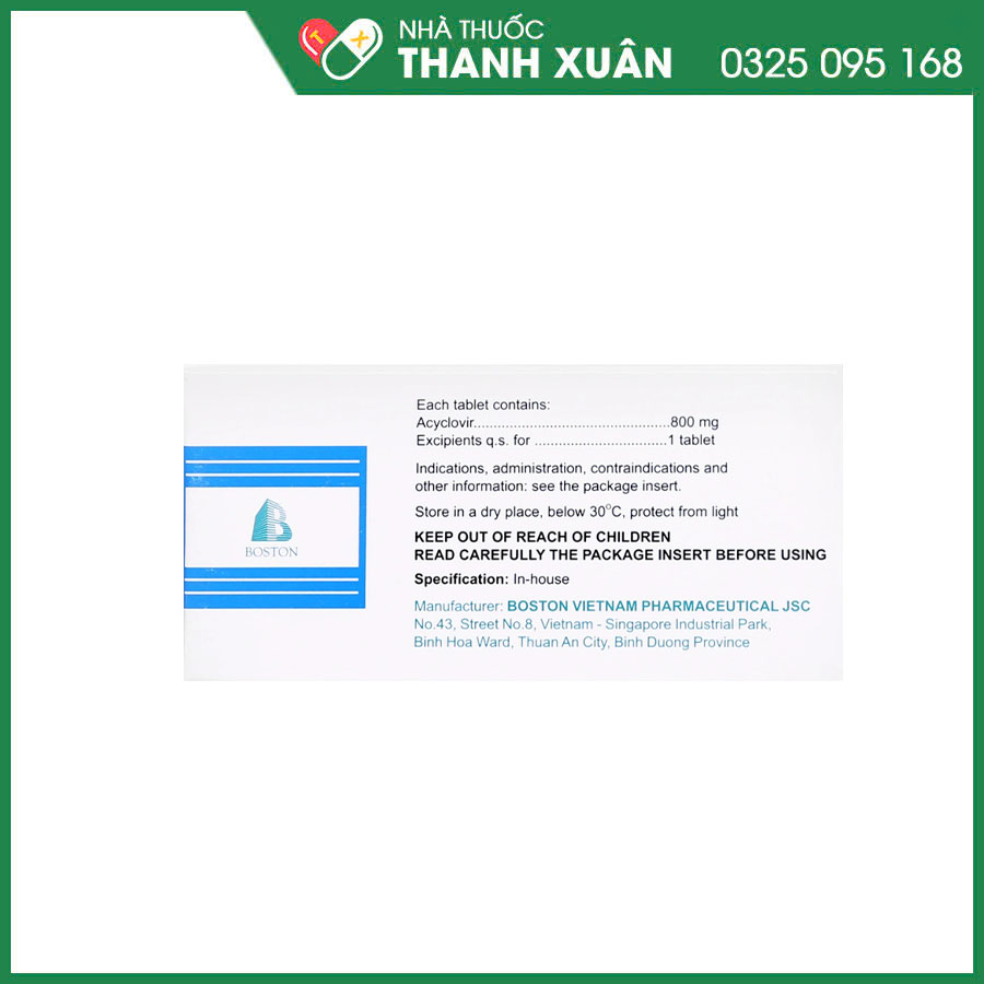 Acyclovir Boston 800 thuốc điều trị và dự phòng tái nhiễm Herpes simplex, điều trị bệnh zona, thủy đậu